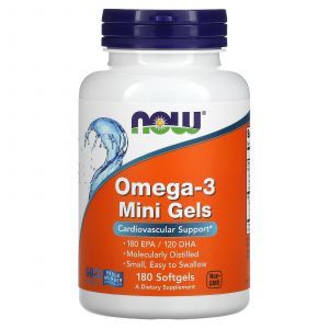 Омега-3, Omega-3 Mini Gels, Now Foods, 180 ЭПК/ 120 ДГК, 180 гелевых капсул  
