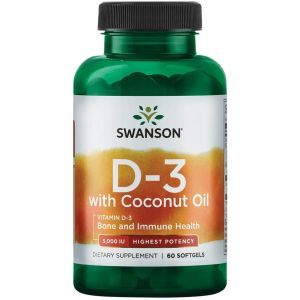 Витамин D3 с кокосовым маслом, Vitamin D3 with Coconut Oil, Swanson, высокоэффективный, 60 гелевых капсул