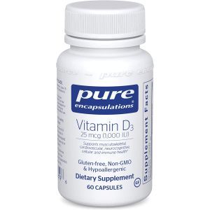 Витамин D3, Vitamin D3, Pure Encapsulations, для поддержки здоровья костей, суставов, груди, простаты, сердца, толстой кишки и иммунитета, 25 мкг (1,000 МЕ), 60 капсул