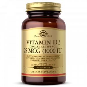 Витамин Д3 (холекальциферол), Vitamin D3, Solgar, 25 мкг (1000 МЕ), 100 капсул