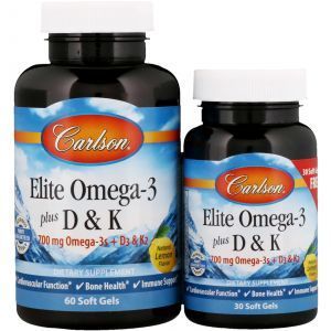 Омега 3 + витамин Д3 и витамин К, Omega-3 Plus D & K, Carlson Labs, 60+30 гелевых капсул