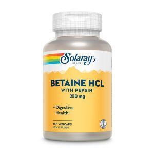 Бетаин HCl + пепсин, HCL with Pepsin, Solaray, 230 мг, 180 капсул