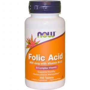 Фолиевая кислота и В12, Folic Acid Vitamin B-12, Now Foods, 800 мкг, 250 таблеток