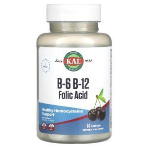 Витамины B-6, B-12 и фолиевая кислота, B6, B12 Folic Acid, KAL, вкус черной вишни, 60 леденцов